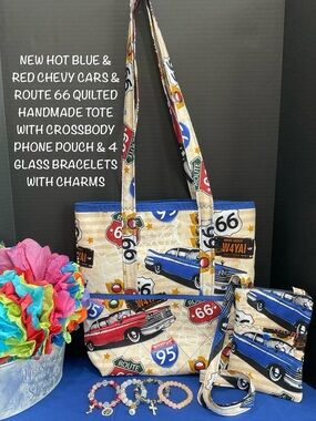 Handmade Route 66 Quilted Shoulder Bag & Phone Pouch W/4pc Glass Bracelets Set